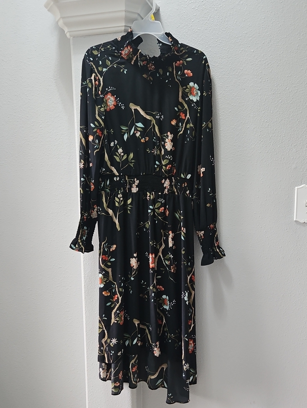Nannette Lepore Black Floral Smocked High Low Chiffon Stevie Dress Size 14